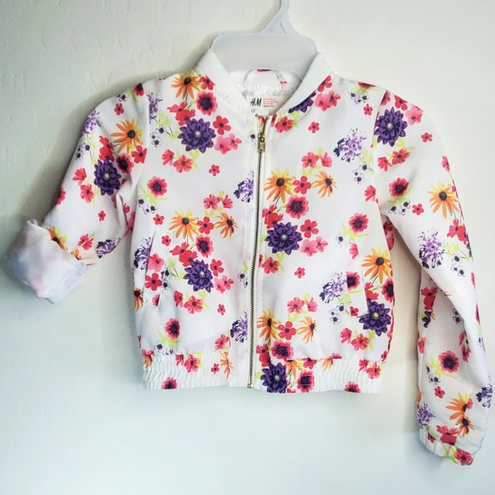 H&M Toddler Girls Floral Zip Bomber Style Jacket Size 5-6Y Excellent
